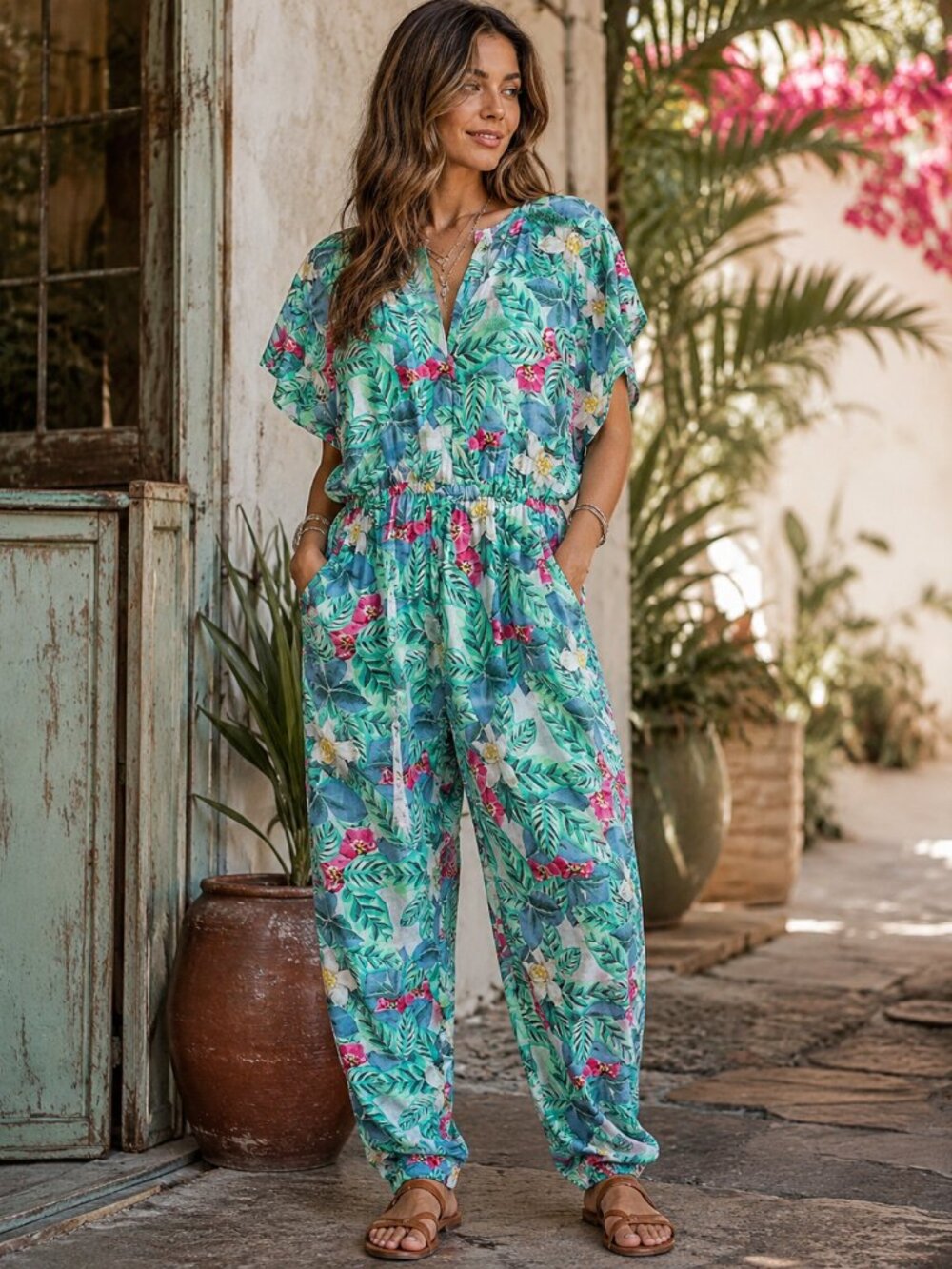 Seafolly Australia Silk Blend Tropical Jumpsuit NWT Small Pockets Boho Resort